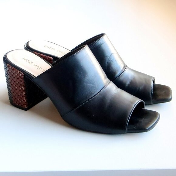 Nine West Janel Black Leather Square Toe Woven Block Heel Mules / Slip On Shoes - Picture 3 of 16